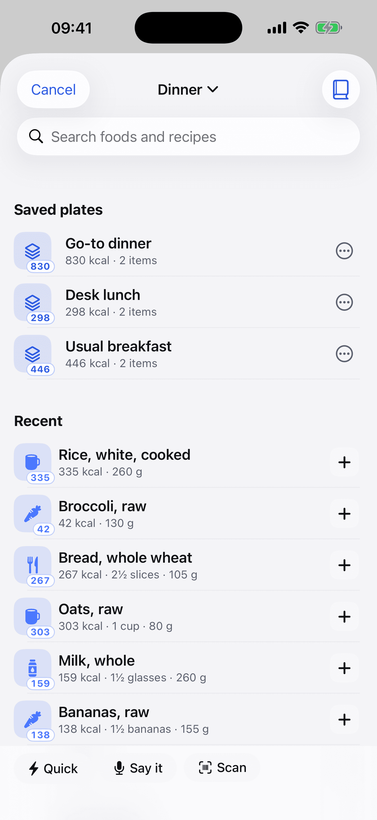 The Add Food sheet, showing saved plates above recent foods.