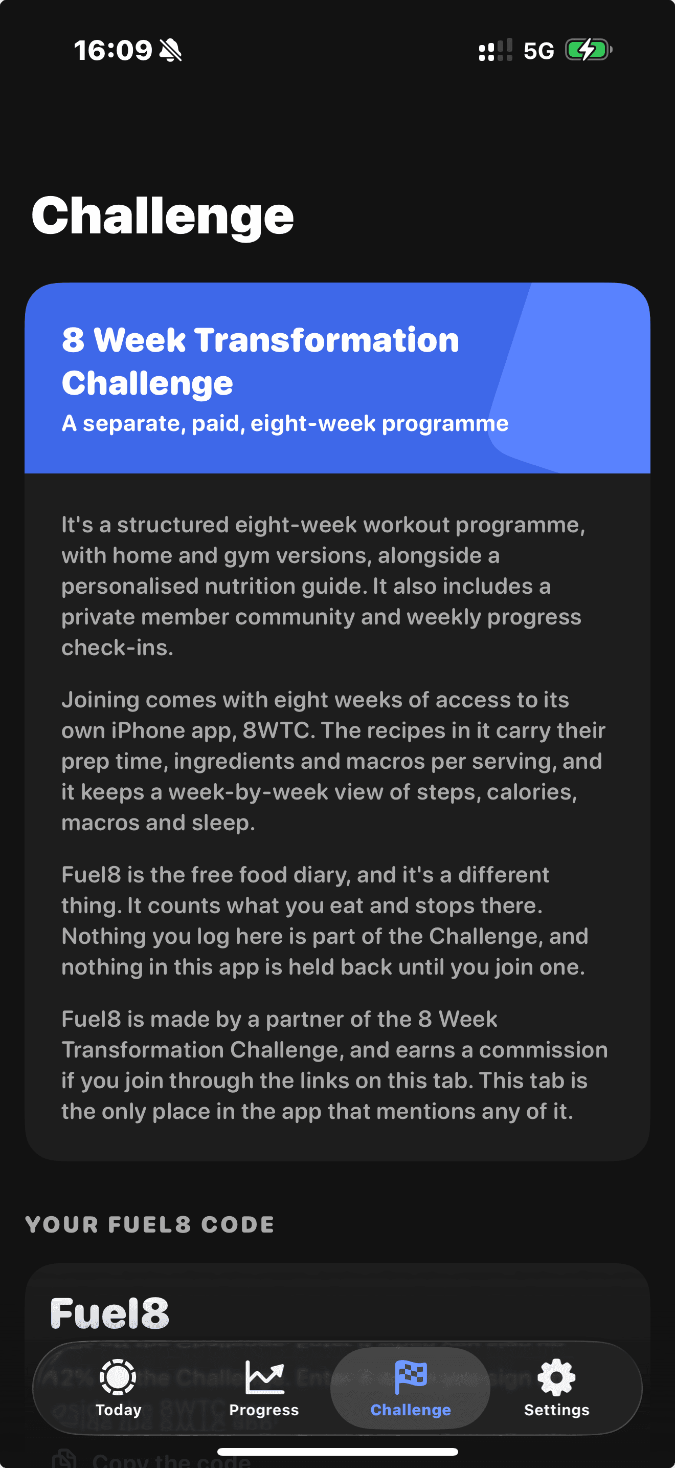 The Challenge tab inside Fuel8, showing the same commission disclosure the app carries.