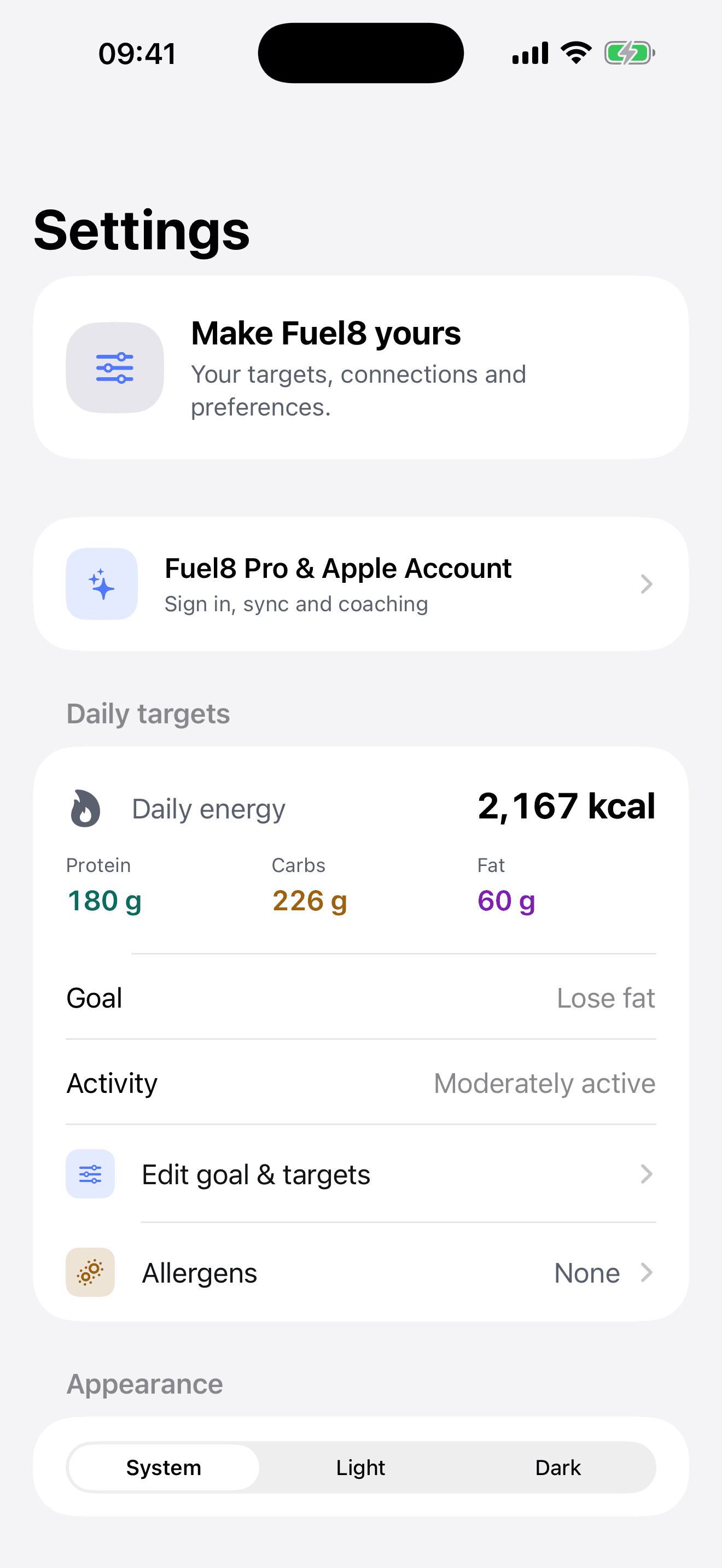 Every target editable. Sign in, sync and coaching one row above.