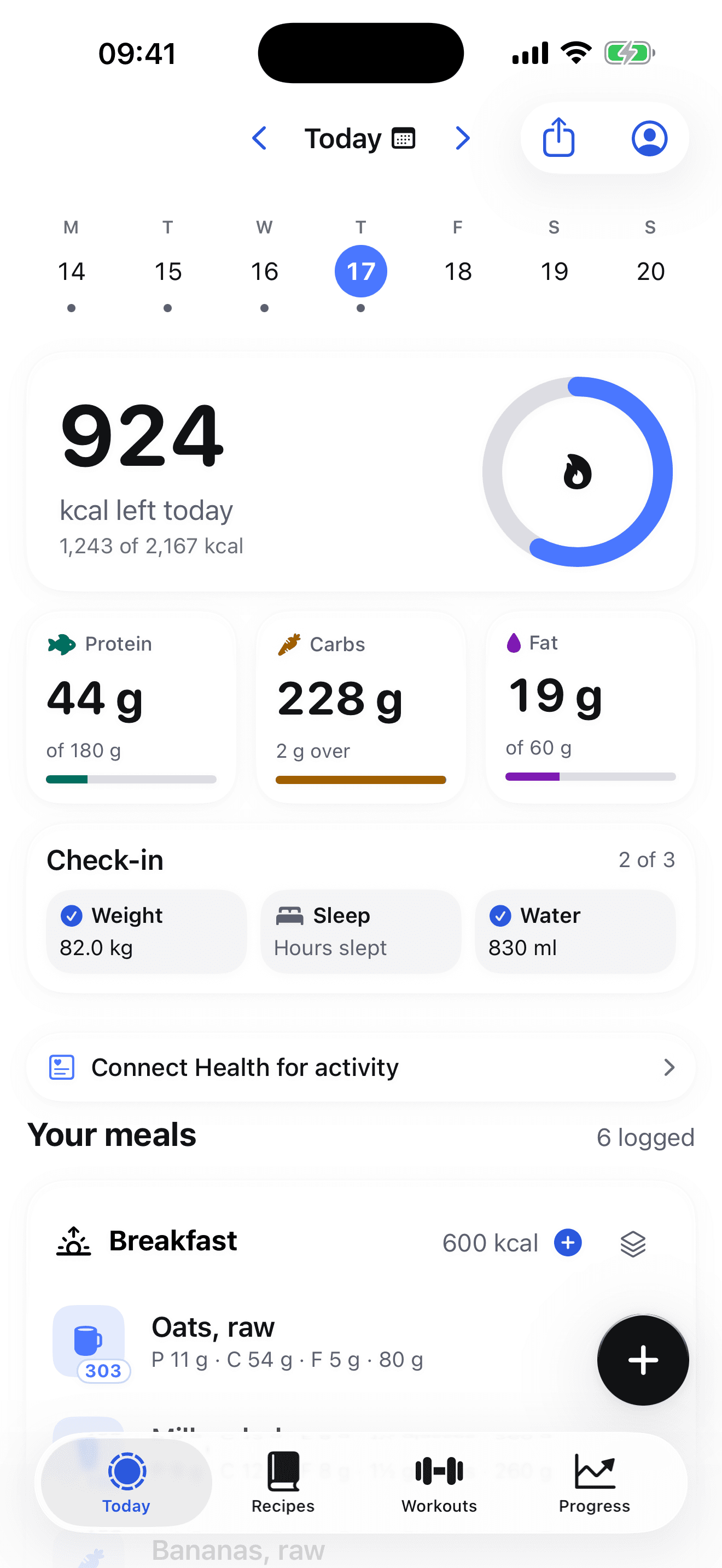 The Today screen: 924 kcal left today, 1,243 of 2,167 logged, with the week strip above, protein, carbs and fat below, and the morning check-in with weight, hours slept and water.